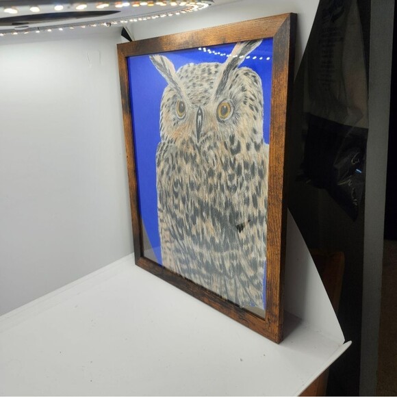 Hand Crafted Horned Owl Colored Pencil Drawing Framed 9x11" - Picture 6 of 12